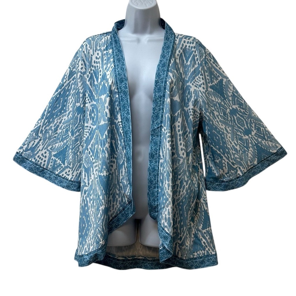 Tolani Collection - Printed Open Front Woven Cardigan - Blue Aztec Size L Kimono